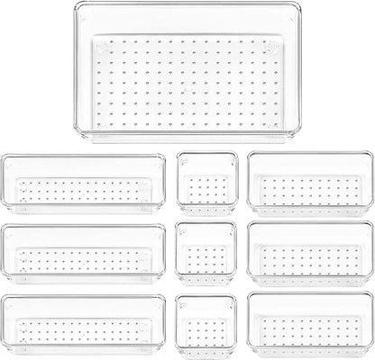 STORESLA™ 10-Piece Multi-Sized Non-Slip Drawer Organizer Trays, Clear Plastic, Ideal for Desk, Dresser, Kitchen & Bathroom, Store Makeup, Kitchen Utensils, Jewelry & More
