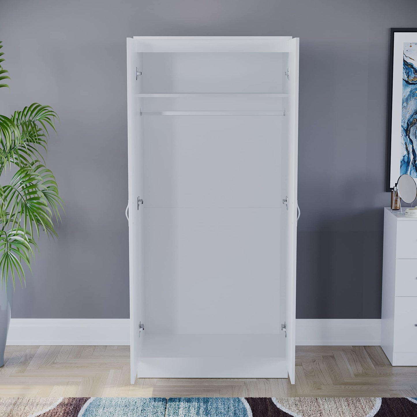 Riano 2-Door Wardrobe with Internal Shelf and Hanging Rail, Wooden MDF Bedroom Storage Furniture and Clothing Armoire in a Clean and Classic White Finish for Any Room