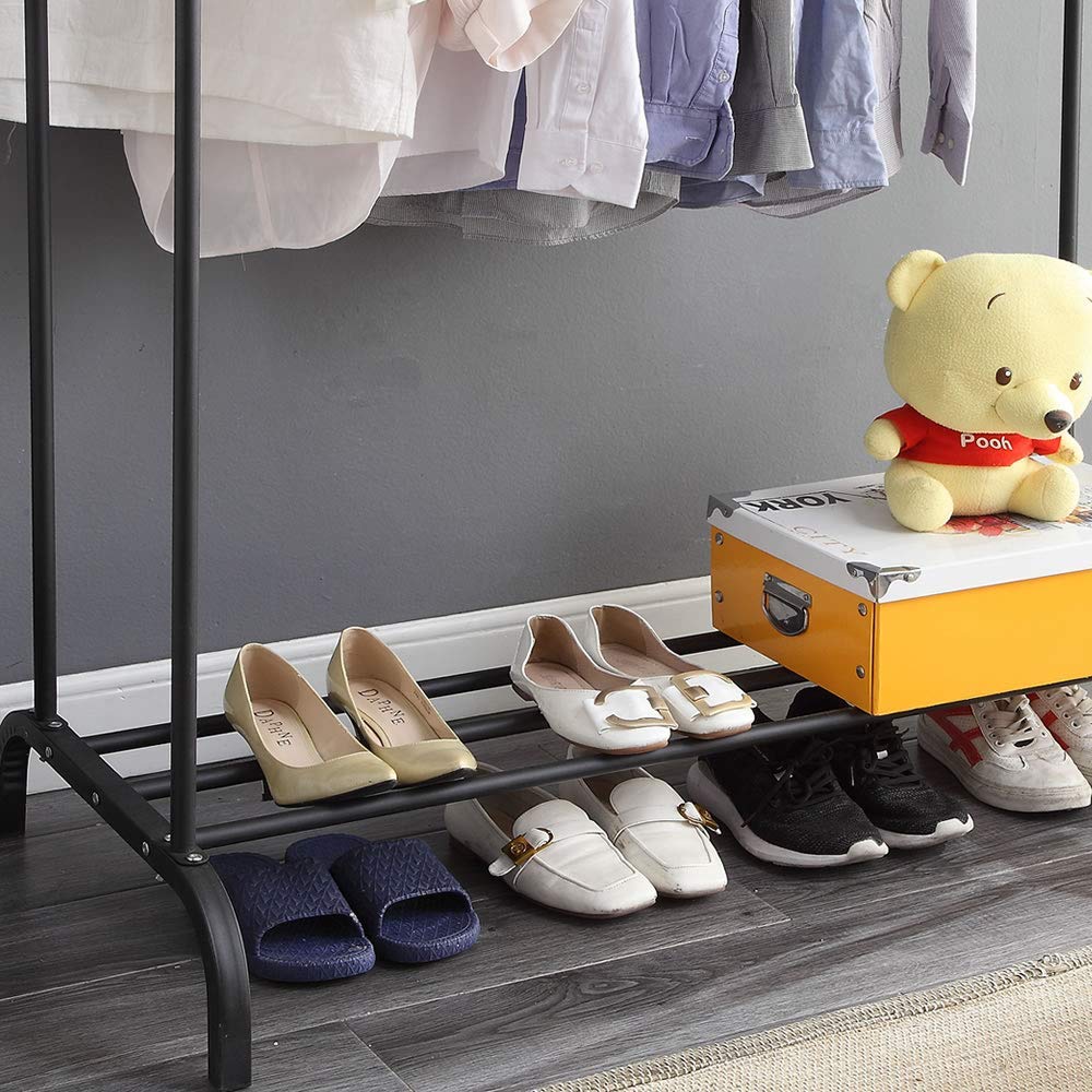 U-HOOME Clothes Rack, Clothing Garment Rack Metal Double Rail Hanging Clothes 2-Tier Storage Shelf for Boxes Shoes Boots Commercial Grade Multi-Purpose Entryway Shelving Unit for Home Office Bedroom