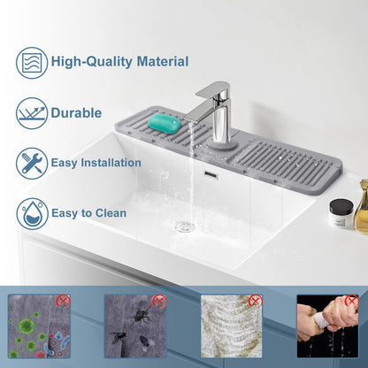 Kitchen Sink Splash Guard, Silicone Faucet Mat, Faucet Handle Drip Catcher Tray, Kitchen Sink Organizer,17.5” x 5.5”Sink Sponge Holder, Sink Protectors for Kitchen Sink, Kitchen Sink Accessories(Grey)
