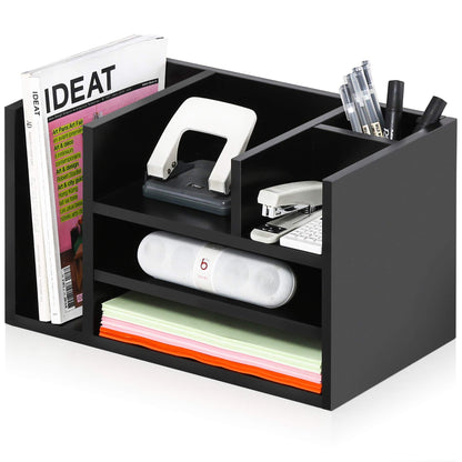 Wood Office Desk Organizer in White, Workspace Organizer with Letter Tray and 4 Upright Sections, Desktop Document Holder, File Sorter for Home or Office Supplies