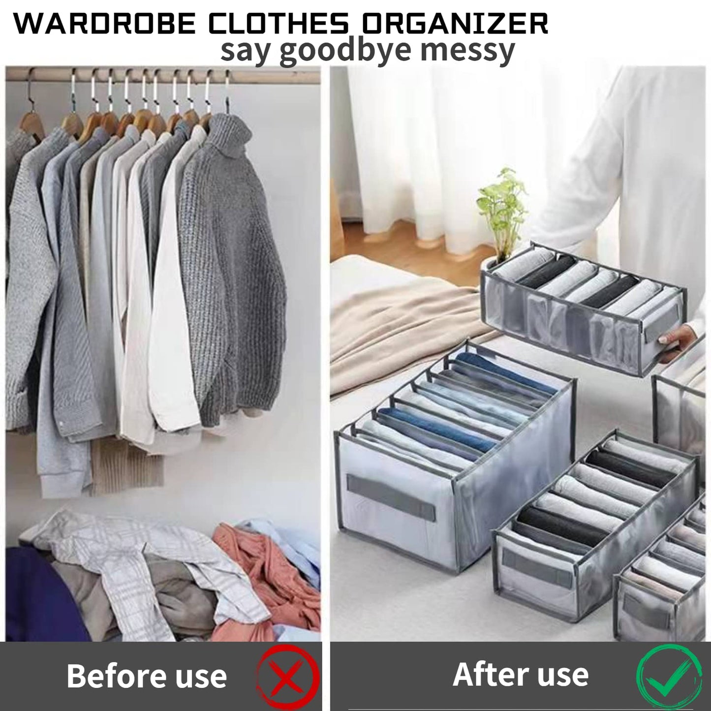 Wardrobe Clothes Organizer with Compartments, Foldable Storage Bins for Jeans, T-Shirts and More, Grey, 25 x 20 x 36 cm, 2 Packs