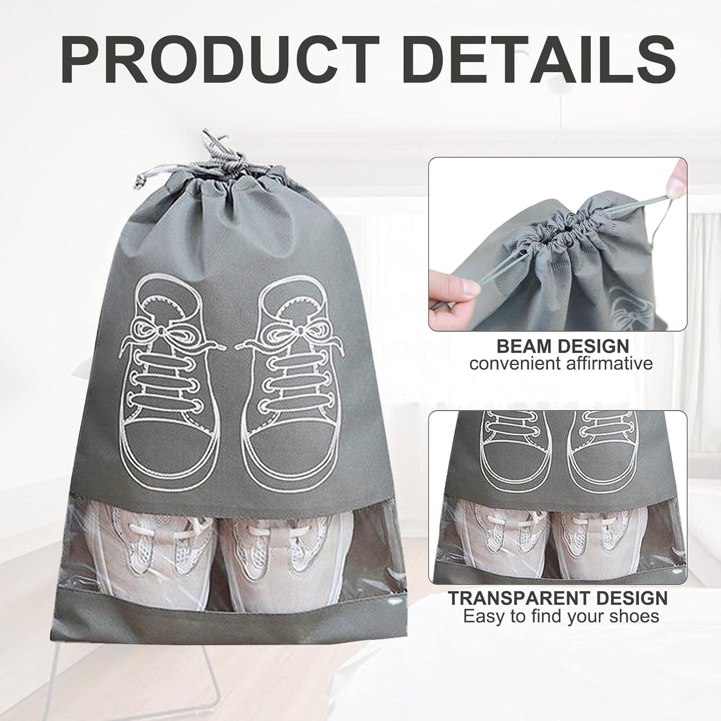 Large Shoe Storage Bags, Dustproof Drawstring Shoe Bags with Transparent Window, Waterproof Travel Organizer, Portable Shoe Pouches - Grey - 18 pieces