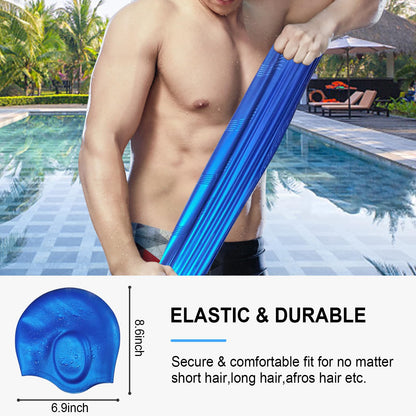 LEDEAK Swimming Pool Cap with 3D Ear Protection, Waterproof Silicone Swimming Cap, Swimming Cap for Men Women Long and Short Hair (Blue)