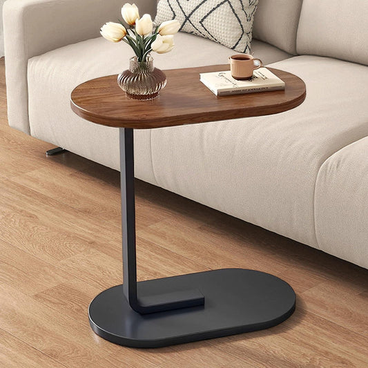 C-Shaped Side Table with Sliding Design – Sturdy Metal Frame and Wood Surface, Perfect for Living Room 45D x 30W x 60H CM Black x Brown