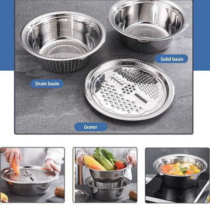 2020 New Multifunctional Stainless Steel Basin with Grater 3 in 1 Vegetable Cutter Julienne Grater with Drain Basket Vegetable Fruits Washing Bowl Strainer Set