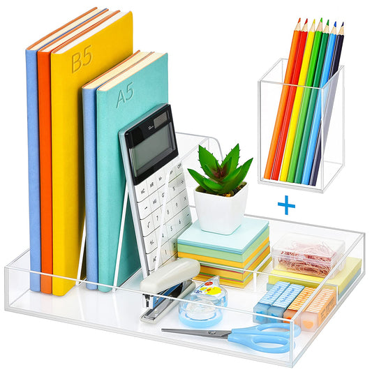 All-in-One Acrylic Desk Organizer Set (2 Pack), Includes a Multi-Functional File Sorter and a Matching Pencil Holder, Clear Office Organizers for Desktop, Magazine, and Pen Storage