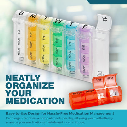 Weekly Pill Organizer - 7 Day Pill Box with 4 Compartments Per Day, Portable Medication Planner for Pills, Vitamins, Supplements, Easy-to-Use Design, Travel Friendly