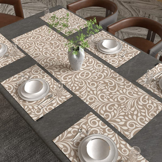 Cran Leaf 7-Piece Dining Set, includes 6 Durable Canvas Placemats (45x30 cm) and 1 Table Runner (35x140 cm), Beige & Blue, a Botanical Design to Protect and Style your Table