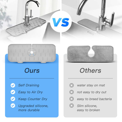 WINALLO Silicone Faucet Mat for Kitchen Sink Splash Guard Silicone Faucet Handle Drip Catcher Tray Sink Protector Pad for Countertop Kitchen Sink Bathroom Bar, Light Gray