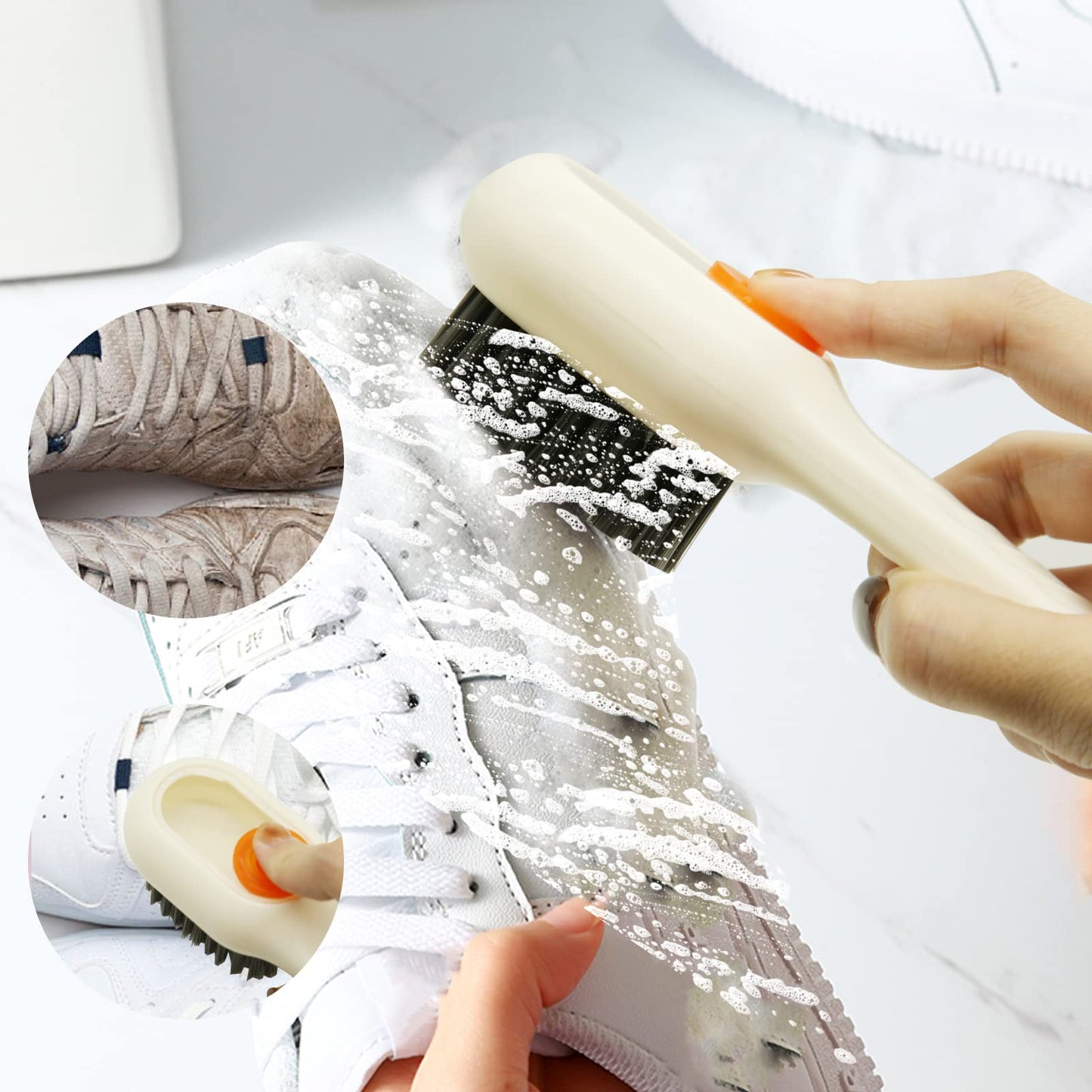 2Pcs Multifunctional Liquid Shoe Cleaning Brush with Soap Dispenser, Shoe Laundry Brush Scrub Brushes for Cleaning, Soft Bristle Cleaning Brushes for Household Use Bathroom Kitchen (Green, White)