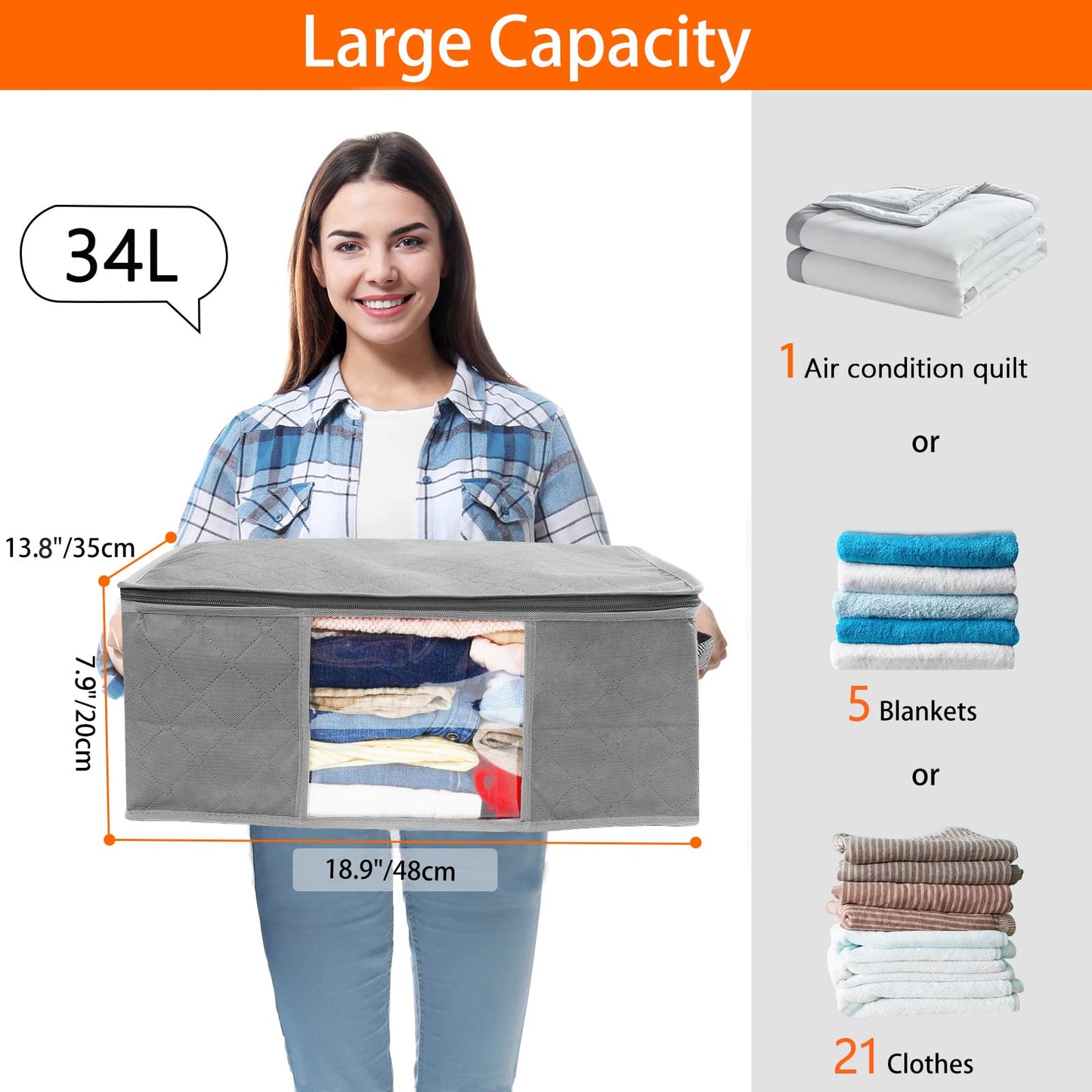 LSNDEE Clothes Storage Boxes Foldable, Fabric Storage Box, Under the Bed Storage Bags with Zips, Waterproof Thick Non-woven closet Organizers, Used For Duvet Clothing, 48 x 35 x 20 cm, 3 Pack (Grey)