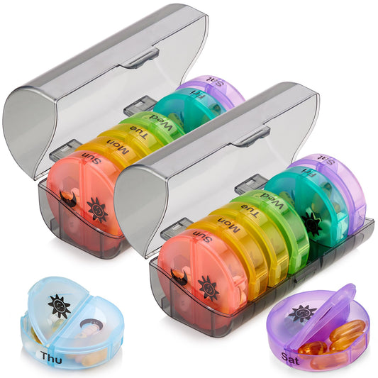 Weekly Pill Organizer, 7-Day AM/PM 2 Times-a-Day Compartments, Portable Travel Case for Pills, Vitamins, Fish Oils, and Supplements, Durable Rainbow Design, 2 Pack