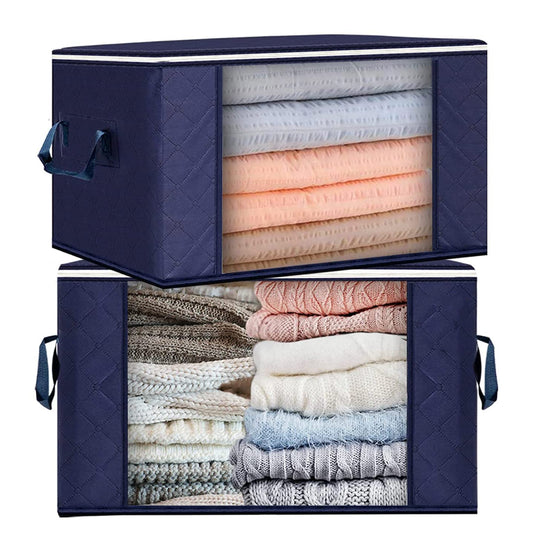 Fresh Horizontal Style Foldable Clothes Storage Bags with Reinforced Handle (Dark Blue)