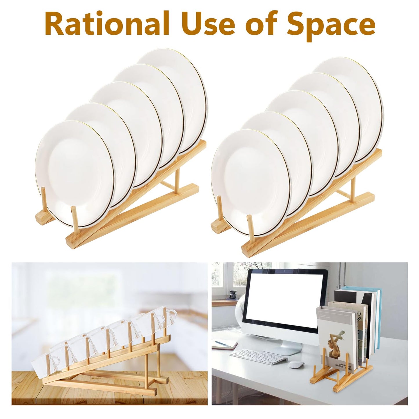 WATUNID 2 PCS Wooden Dish Rack, Bamboo Plate Rack for Cupboard, Multifunctional Dish Stand Drainers, Dish Drying Rack Pot Lid Holder, Kitchen Cabinet Organizer for Bowl Cup Cutting Board Book