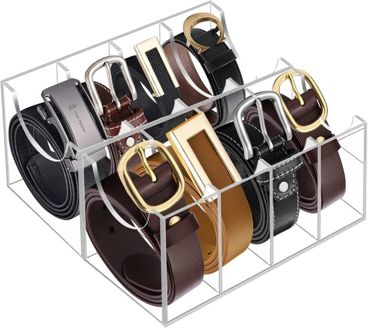 Clear Acrylic Belt Organizer with 8 Compartments, 4 mm Transparent Display Box for Closet Storage, 6 x 11 cm Holder for Ties, Watches, Jewelry and Accessories