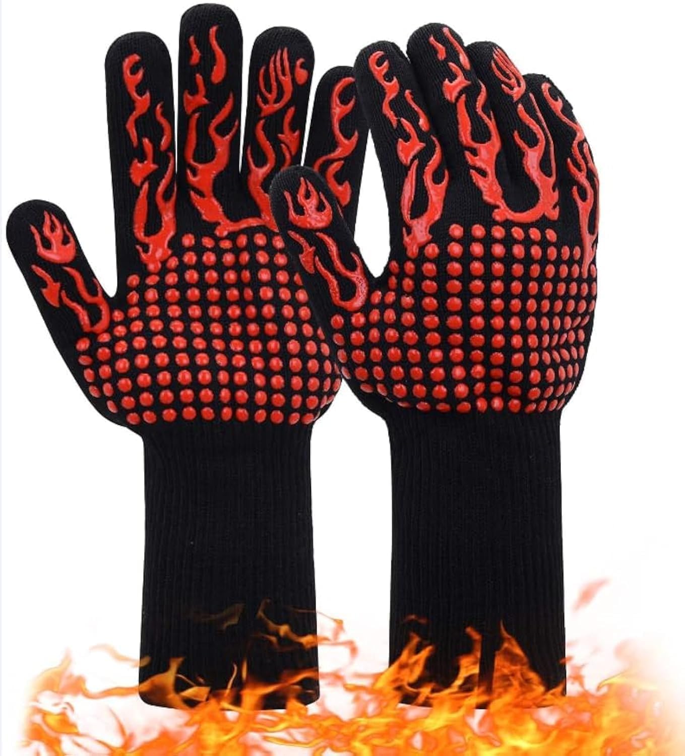 Boolygo BBQ Gloves, 1472 Degree F Heat Resistant Grilling Gloves Silicone Non-Slip Oven Gloves Long Kitchen Gloves for Barbecue, Cooking, Baking, Cutting (LL-N010-Red)