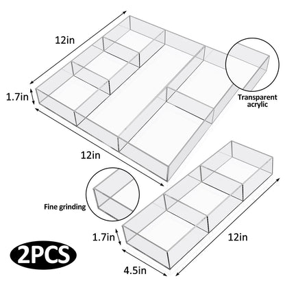 Clear Acrylic Drawer Organizer Set of 2, Includes a 6-Section and a 3-Section Divided Tray, Perfect as Desk Drawer Inserts, Makeup Storage, and Vanity Organization Solution