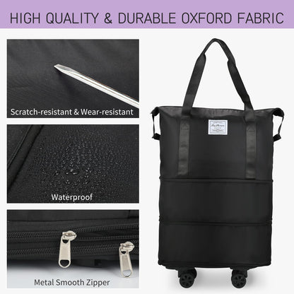 HI-FINE Expandable Foldable Duffle Bag With Wheels for Travel, Rolling Luggage Carry-On, Large Weekend Bag (Black)