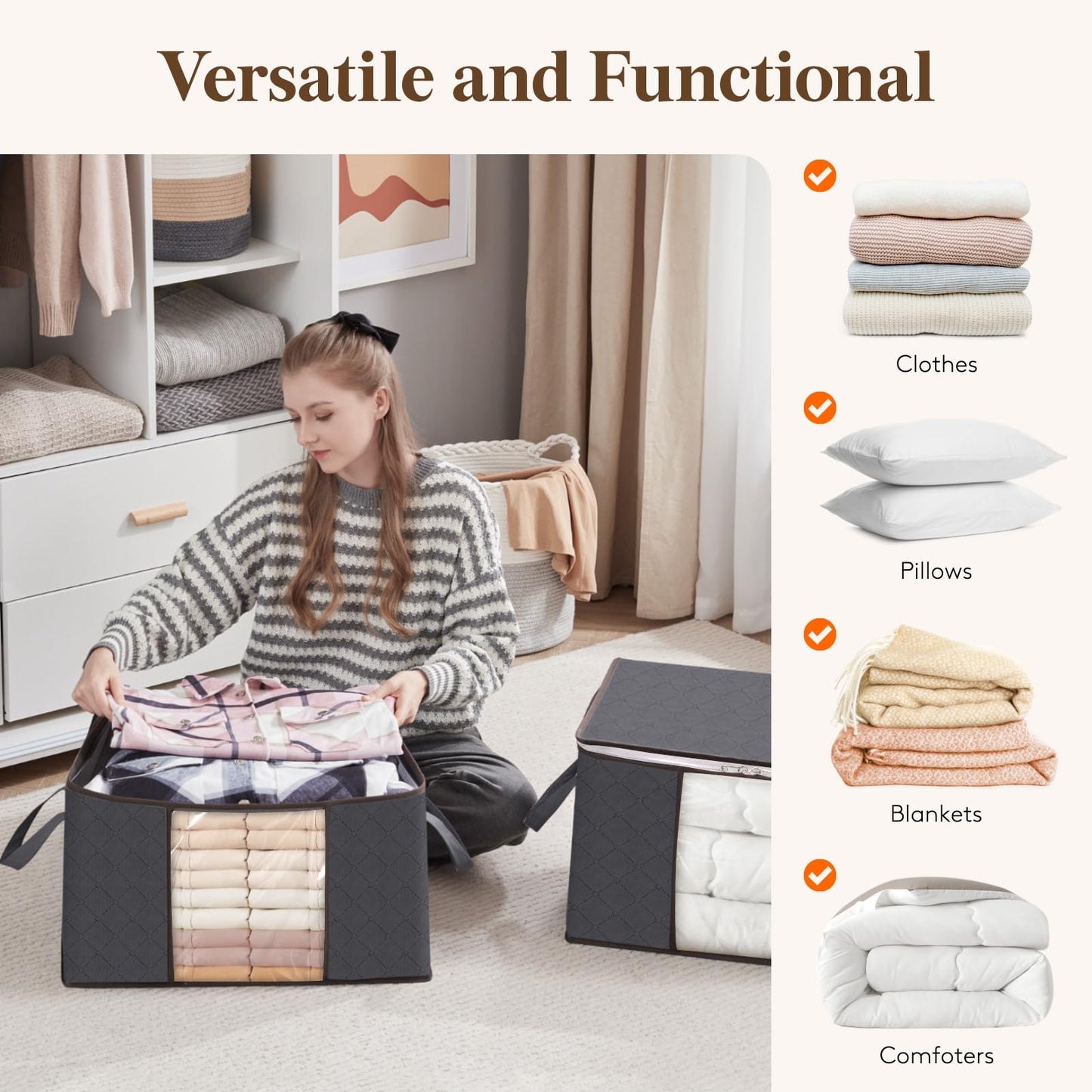 Lifewit Large Capacity Clothes Storage Bag Organizer with Reinforced Handle Thick Fabric for Comforters, Blankets, Bedding, Foldable with Sturdy Zipper, Clear Window, 8 Pack, 90L, Grey