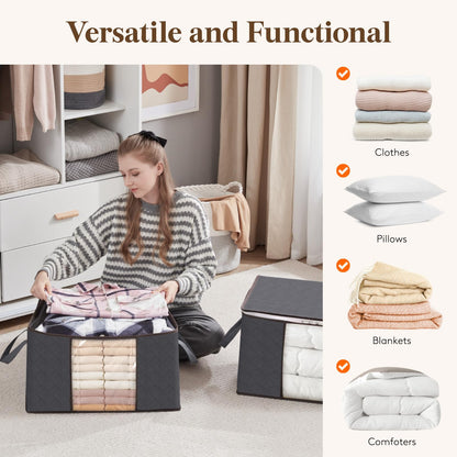 Lifewit Large Capacity Clothes Storage Bag Organizer with Reinforced Handle Thick Fabric for Comforters, Blankets, Bedding, Foldable with Sturdy Zipper, Clear Window, 8 Pack, 90L, Grey