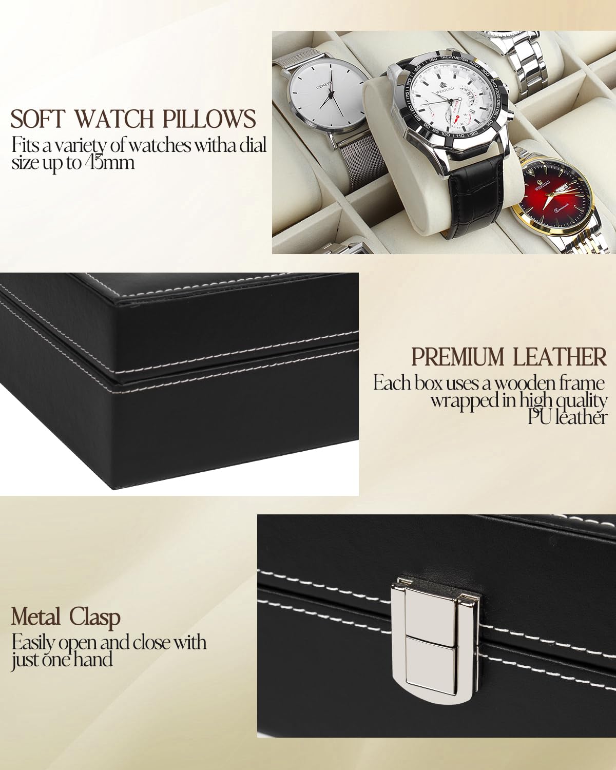 Watch Box Organizer With 10 Slot,Luxury Display Case for Watches with Glass Lid, Black, 9.92 x 8.18 x 3.14 cm