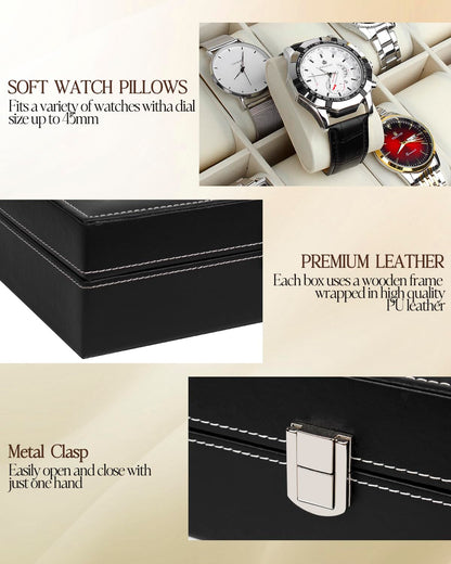 Watch Box Organizer With 10 Slot,Luxury Display Case for Watches with Glass Lid, Black, 9.92 x 8.18 x 3.14 cm