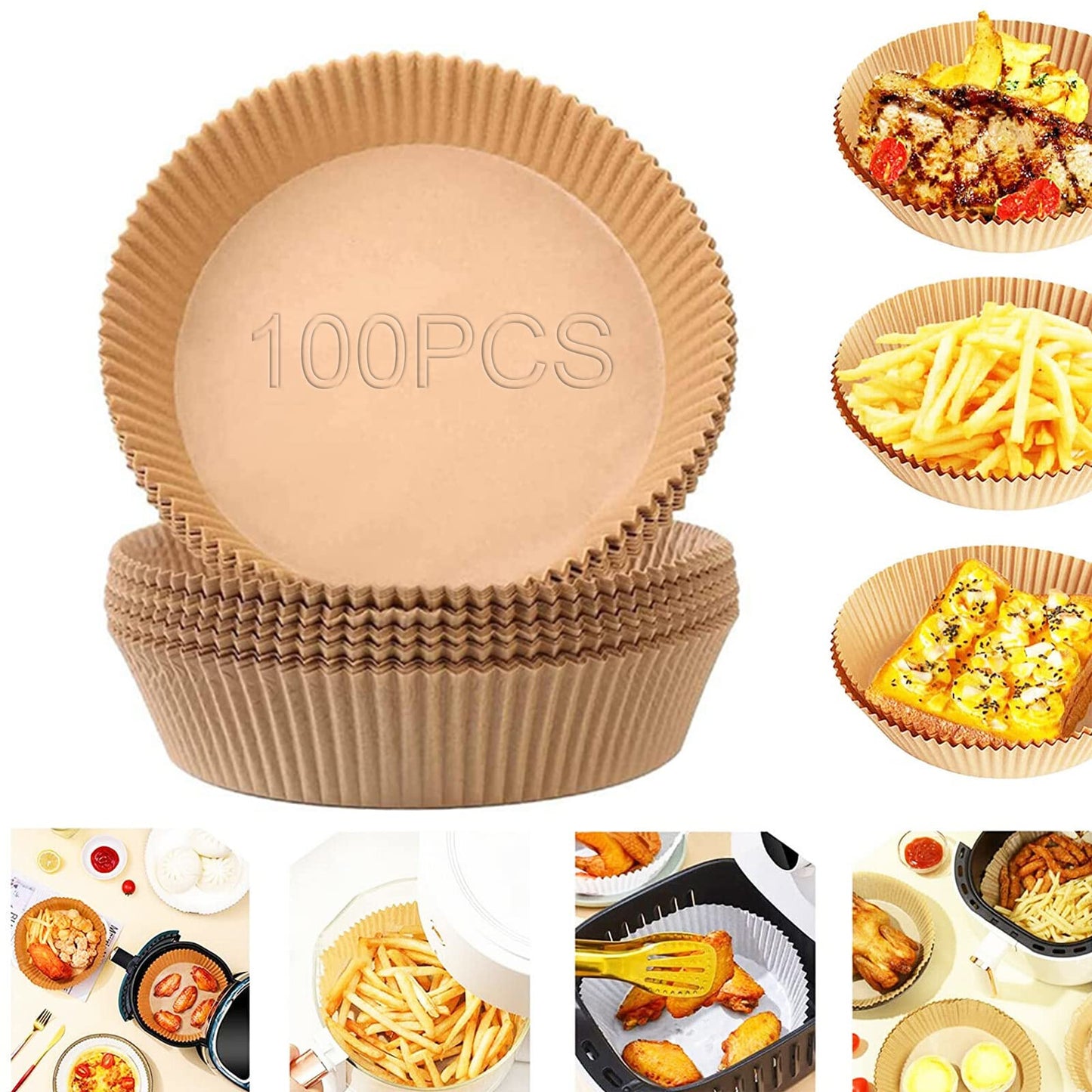 100Pcs Air Fryer Disposable Paper Liners, Non-stick Round Air Fryer Parchment Paper Replacement Mat, Oil-proof Water-proof Wood Pulp Cooking Baking Paper for Kitchen Steamer, Microwave Oven (Natural)