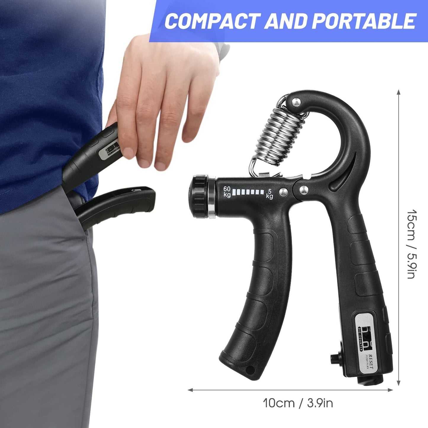 Hand Grip Strengthener -Adjustable Resistance 5-60KG Forearm Exerciser with Counter, Strength Trainer for Muscle Building Wrist Training