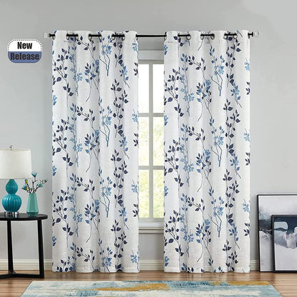 Rich Natural Linen curtains - Printed floral curtains- Semi-transparent - Steel grommets for living room, bedroom, kitchens, 1 piece