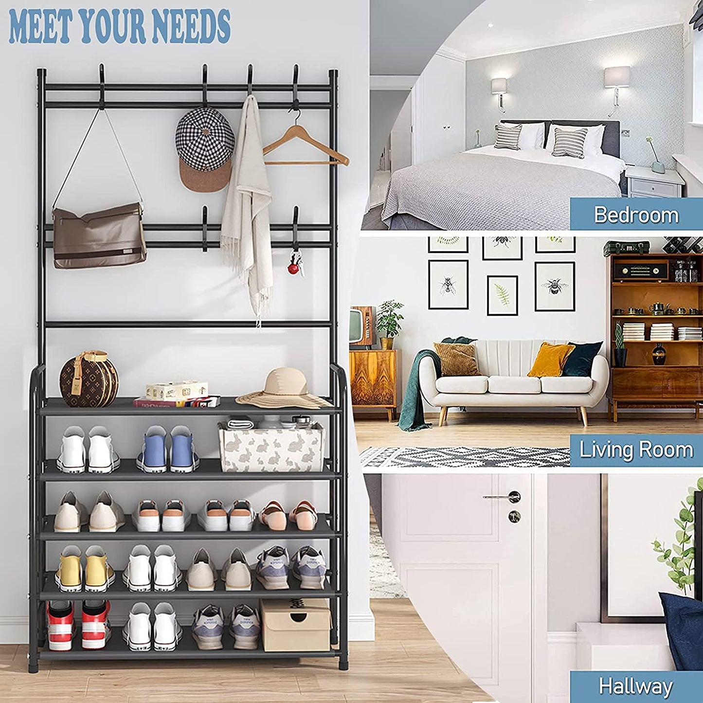 ARTC Entryway 5 Tier Coat Rack, ARTC 3-in-1 Hall Tree Shoe Bench with Coat Hat Umbrella Rack,Storage Shelves with 8 Hooks, Multifunctional Hallway Organizer (80cm, Black)