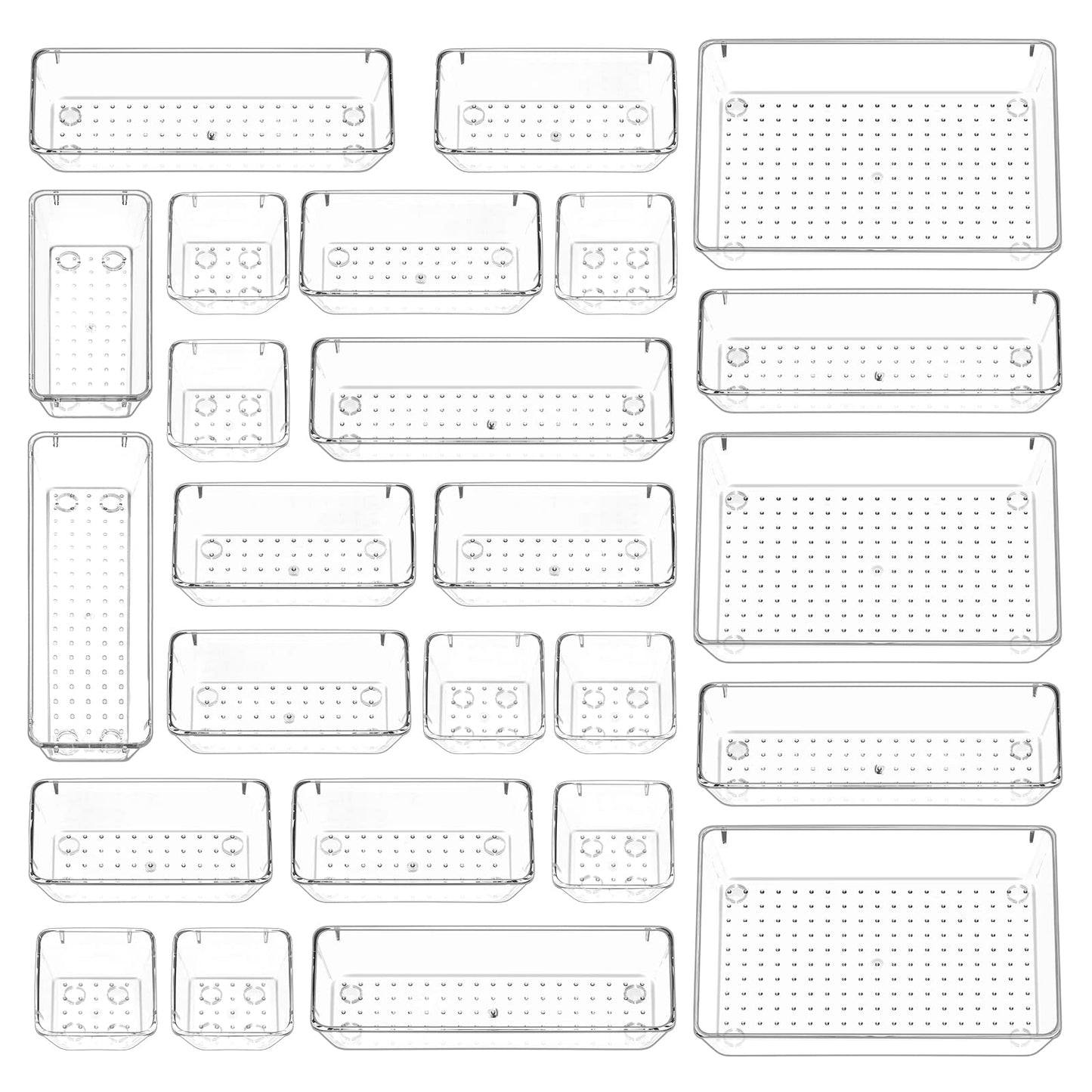 Puricon 25 Pcs Desk Drawer Organizers Trays Set Clear Plastic Storage Bins Bathroom Drawer Tray Dividers Vanity Trays Organizer for Bedroom Dresser Makeup Kitchen Utensil Office
