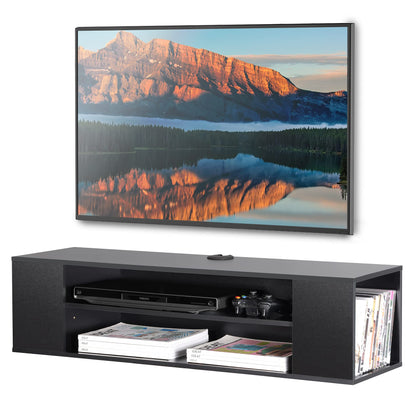 Floating TV Unit Cabinet in Black, WalLMounted TV Shelf with 4 Storages for Living Room, Entertainment Center with Open and Closed Compartments, Modern Design