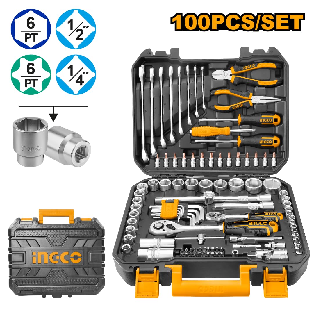 INGCO Hand Tools Set, 100 Pieces, Spanners, Wrenches, Sockets, Spark Plug Sockets, Screwdrivers, Screwdriver Bits, Hex & Torx Sockets, Pliers, Model: HKTHP21001