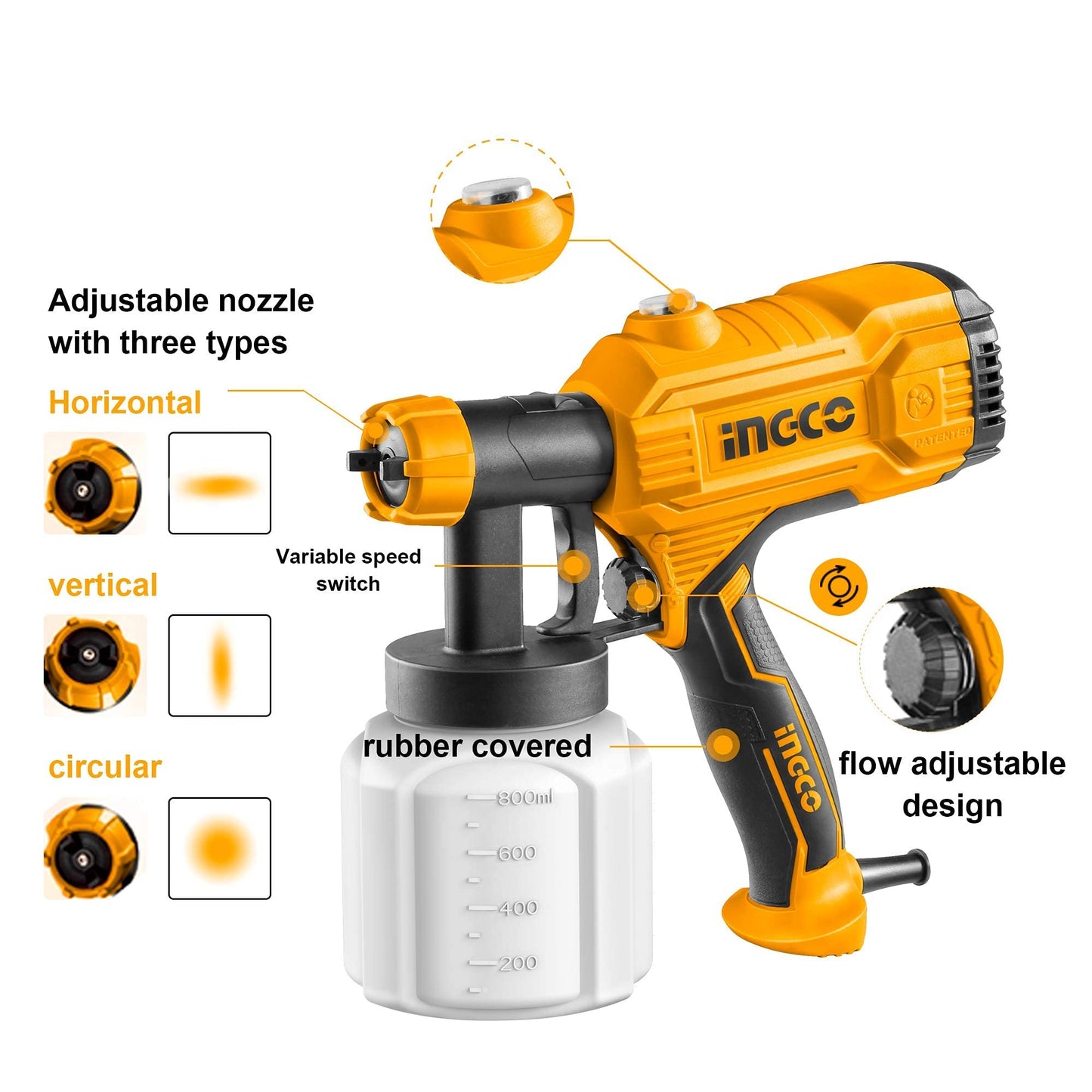 INGCO Cord Paint Sprayer Spray Gun 450W 800ml Fence Painter Sprayer for Fencing, Ceiling, Walls SPG3508