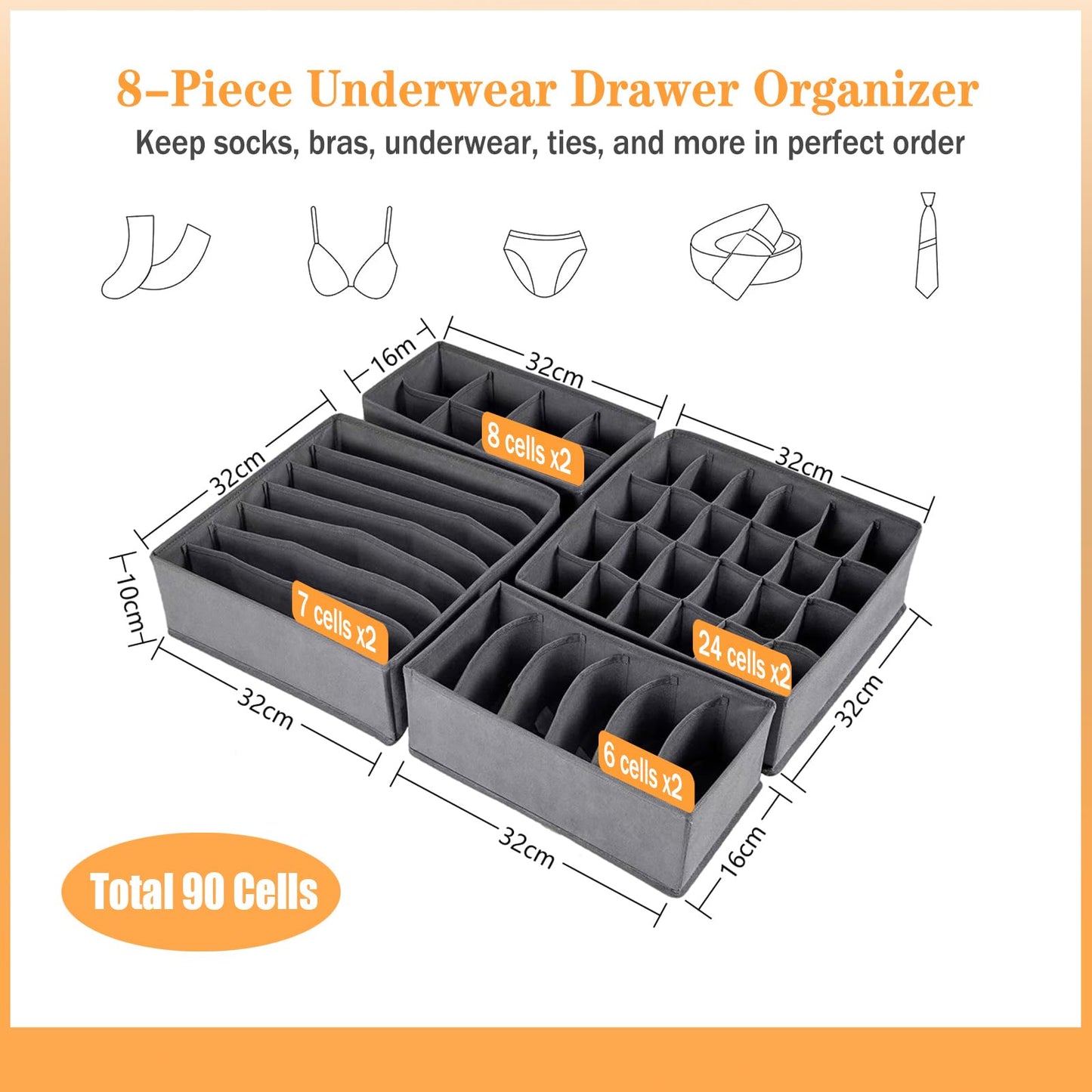 Yucch 8 Pcs Wardrobe Clothes Organizer,Foldable Storage Boxes,Fabric Drawer Organizer Boxes,Drawer Storage Organizer Boxes Dividers for Underwear,Socks,Ties