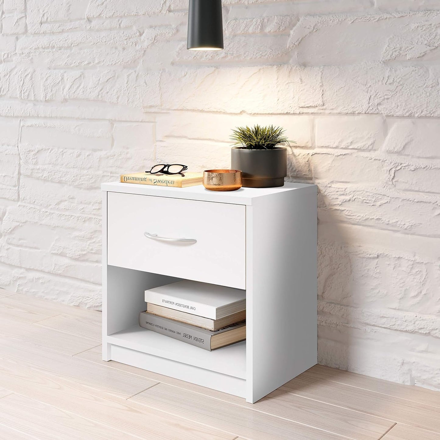 Wooden Side Table with 1 Drawer, Simple Cabinet Design Suitable for Any Bed and Bedroom in a Clean White Finish, Compact Nightstand Measuring W39 x D28 x H41 cm