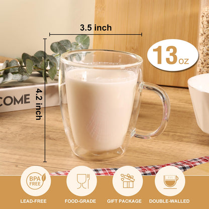 YUNCANG Double Wall Glass Coffee Mugs, (4-Pcak) 13 Ounces-Clear Glass Coffee Cups with Handle,Insulated Coffee Glass,Cappuccino Cups,Tea Cups,Latte Cups,Beverage Glasses Heat Resistant