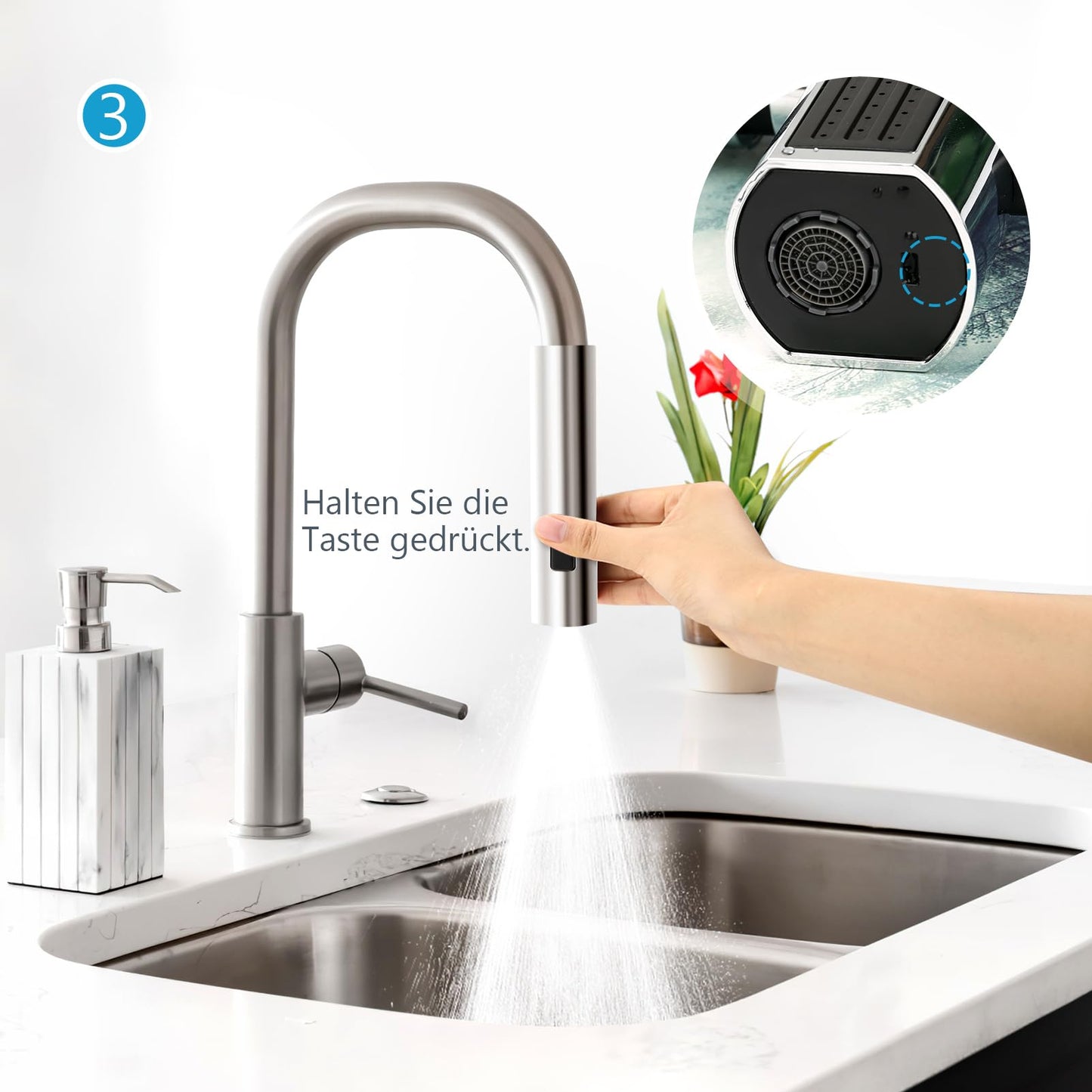 Waterfall Kitchen Faucet - 3-in-1 360° Rotation, 3-Function Spray Nozzle, Water Saving Tap for Sink (Silver)