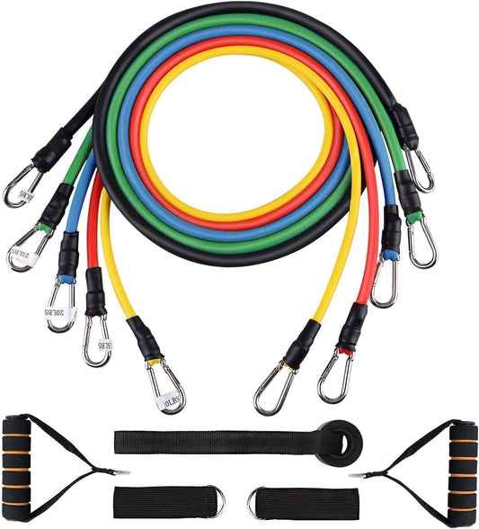 Exercise Resistance Bands Set 5 pcs for Strength Training and Fitness – Tension Tubes with Handles, Door Anchor, Ankle Straps, Carry Bag, Band Guard, and Workout Guide for Men and Women