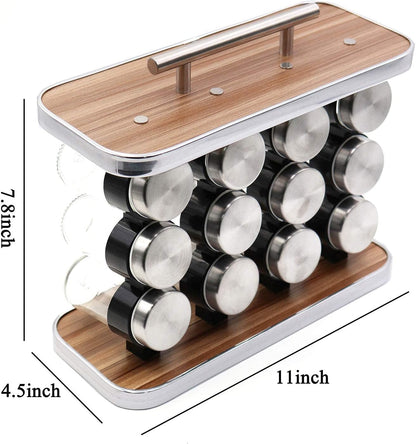 SG-Mart Spice Rack Organizer with 12 Empty Spice Jars for Cabinet Countertop spice Imitation Wood Portable seasoning Stainless Steel Storage Rack Stand Holder for Kitchen Hotel(Rectangle,1-Pcs)