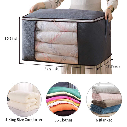 Protecu Large Clothing Storage Bins Box with Handles & Clear Window | Foldable Bedding Comforter Blanket Storage Bags with Zippers (Grey, 90L)