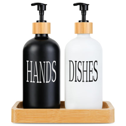 Emerson Soap Dispensers with Stainless Steel Pumps + 100% Bamboo Wood Tray | Kitchen Sink Dish Soap and Bathroom Hand Wash Glass Bottles Set | Waterproof | 16 Oz | Set of 2 (Wht/Blk/Bamboo Black)