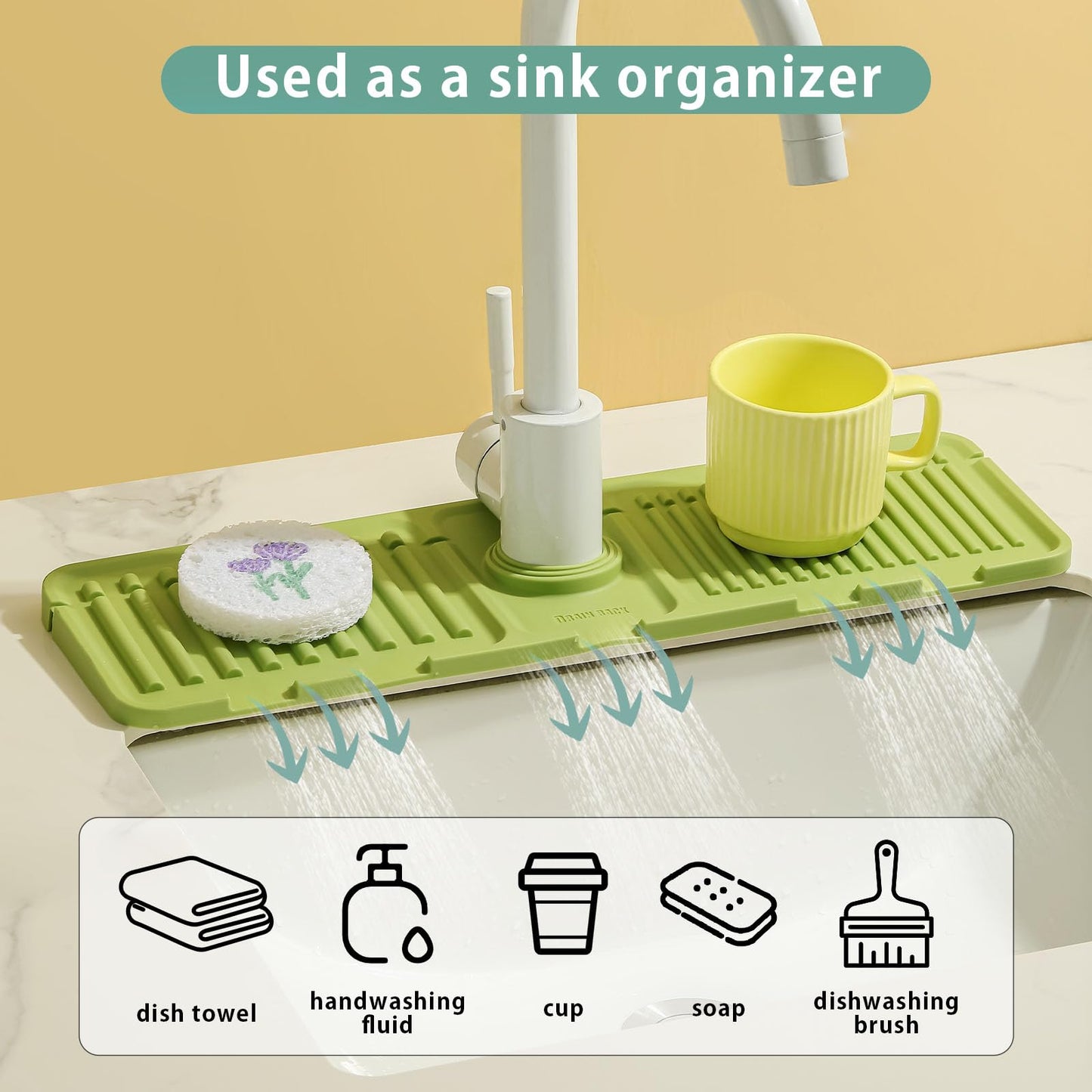 Silicone Faucet Mat Splash Guard, Upgraded Kitchen Sink Mat with Sloped Drain, 44.5x14cm Draining Catcher for Kitchen and Bathroom Countertops, Sink Organizer and Drying Mat