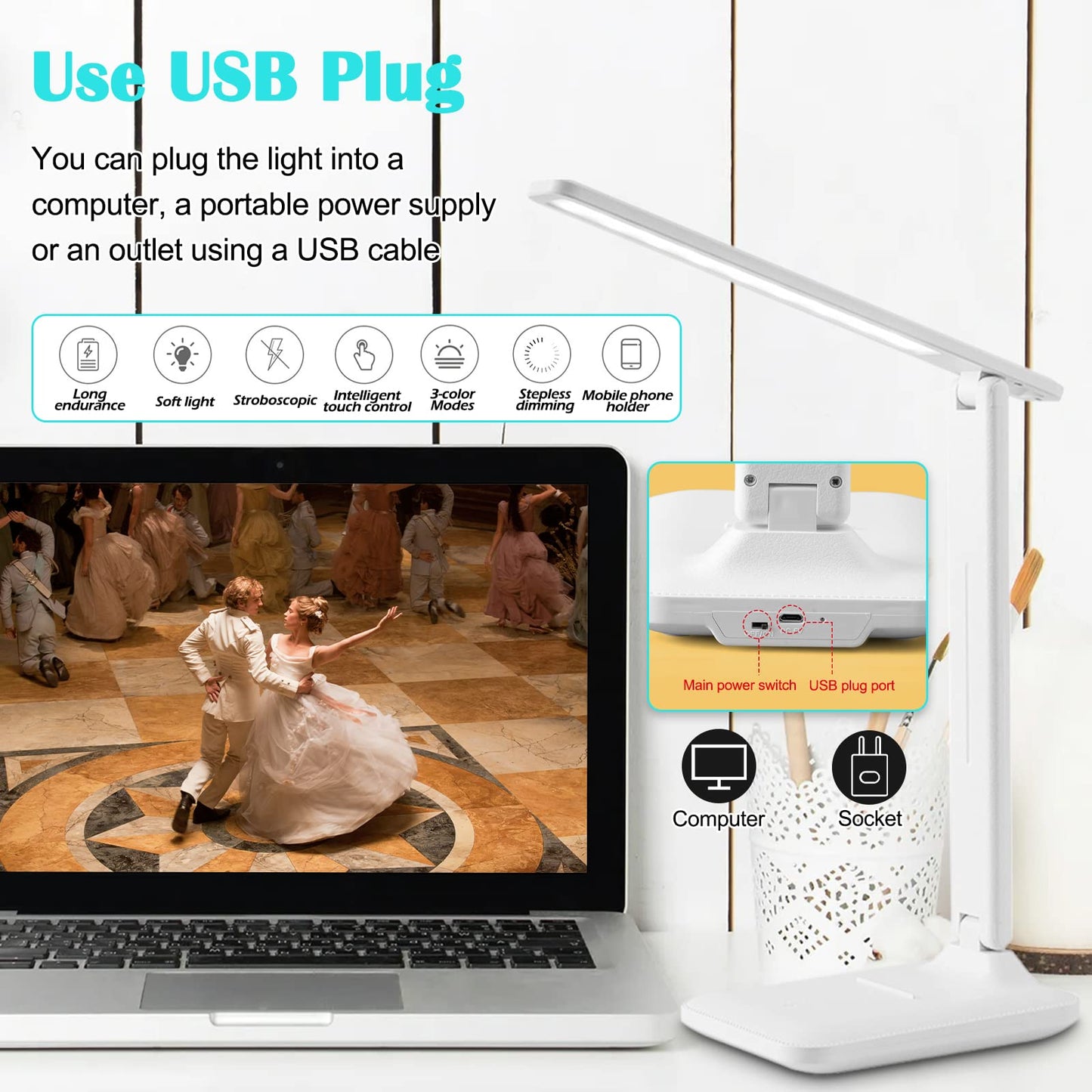 Xkimos LED Table Lamp, Touch Eye Protection Reading Desk Lamp, Charge And Plug Available, 3 Levels Color Temperature, Natural Light Anti-Blue Light No Flicker,Suitable For Office, Dorm,Study (White)