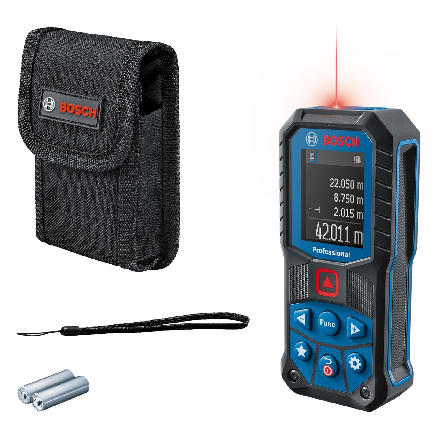 Bosch professional laser measure glm 50-22 (range: up to 50m, robust, ip65, 1.5 mm*, 2x aa batteries, hand strap, pouch)