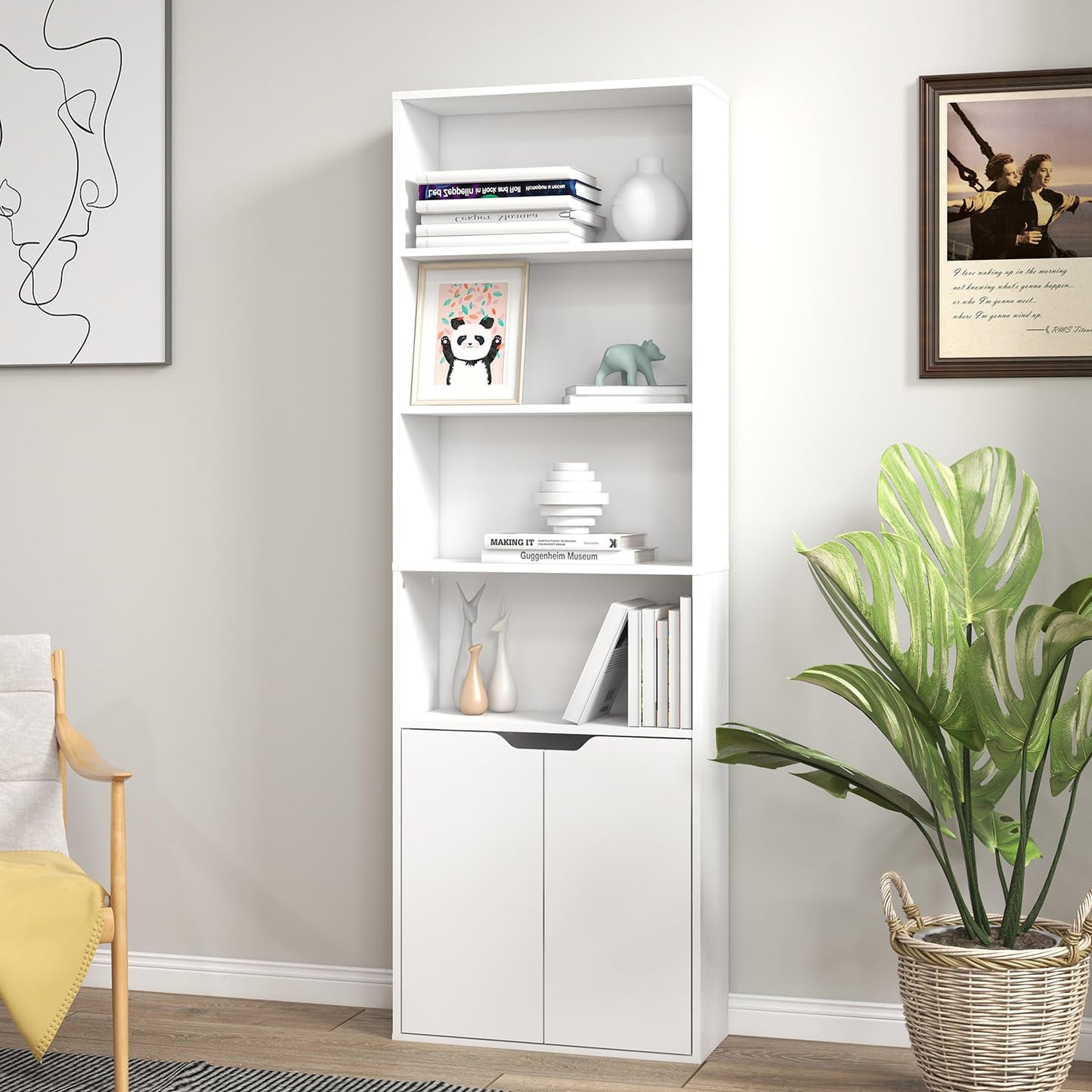 6 Tier Bookcase with 2 Doors in White, Wooden Cube Shelves, Tall Bookshelf Storage Cupboard, Soild Wood Organizer Display Free Standing Unit for Living Room