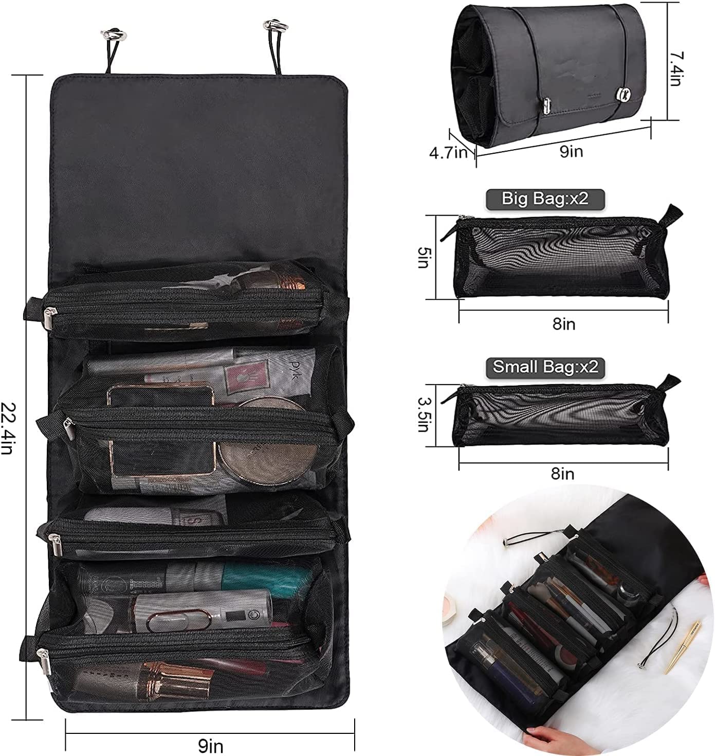 JD FRESH 4 in 1 Large Cosmetic Mesh Bag/Toiletry Pouch for Men and Women/Makeup Organizer/Portable Travel Bag/Makeup Essentials(Black)