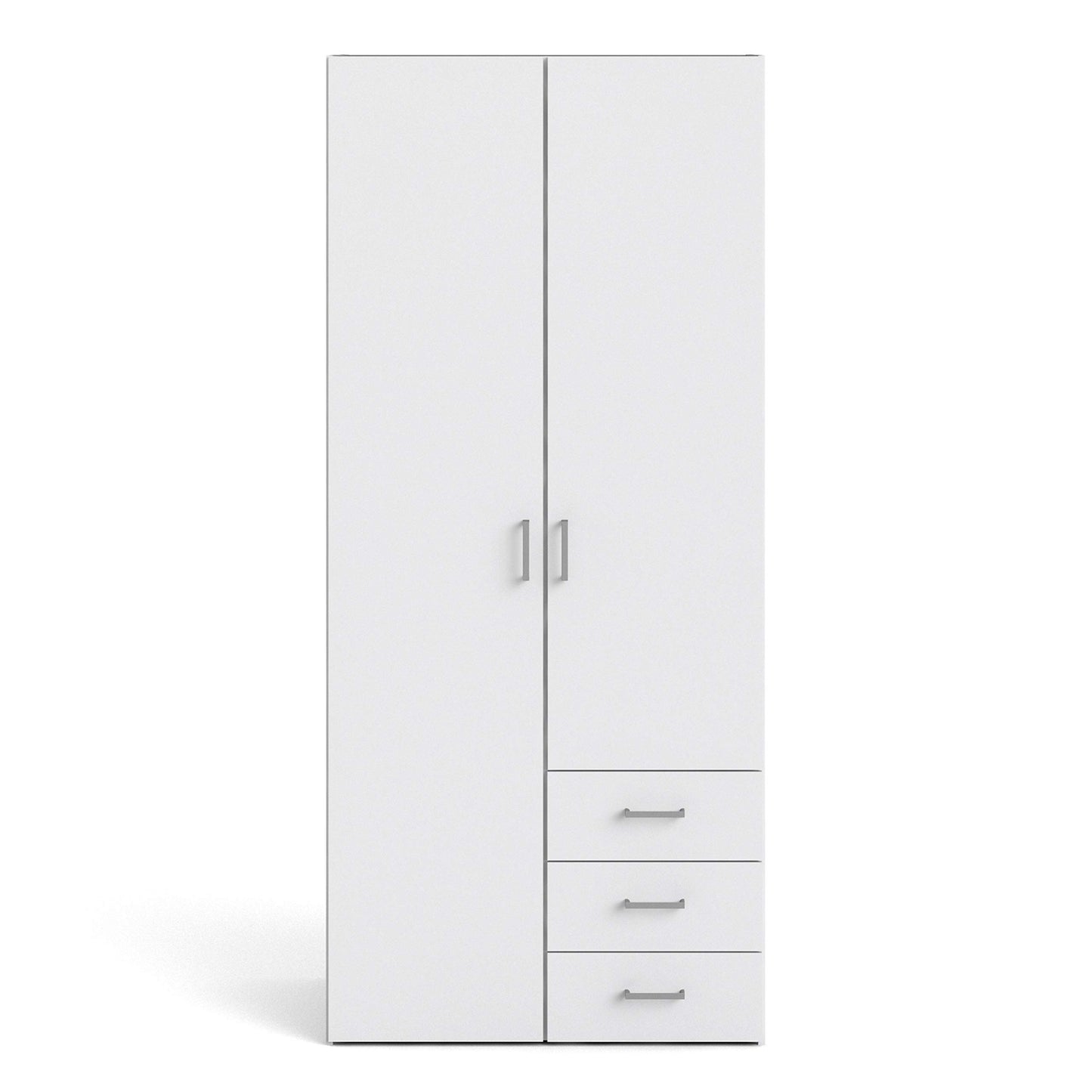 Space Wardrobe with 2 Doors and 3 Drawers in White, Wood Armoire with Hanging Rail and Shelves, Large Bedroom Storage Cabinet, Combination Closet