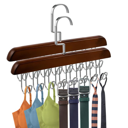 Sigowal 2 Pack Belt Hanger for Closet, Sturdy Wooden Belt Holder with 8 Hooks, Space Save Tank Top Bra Hanger, Wood Belt Organizer for Closet, 360°Rotating Tie Rack for Belt Tie Scarf Tank Top (Brown)